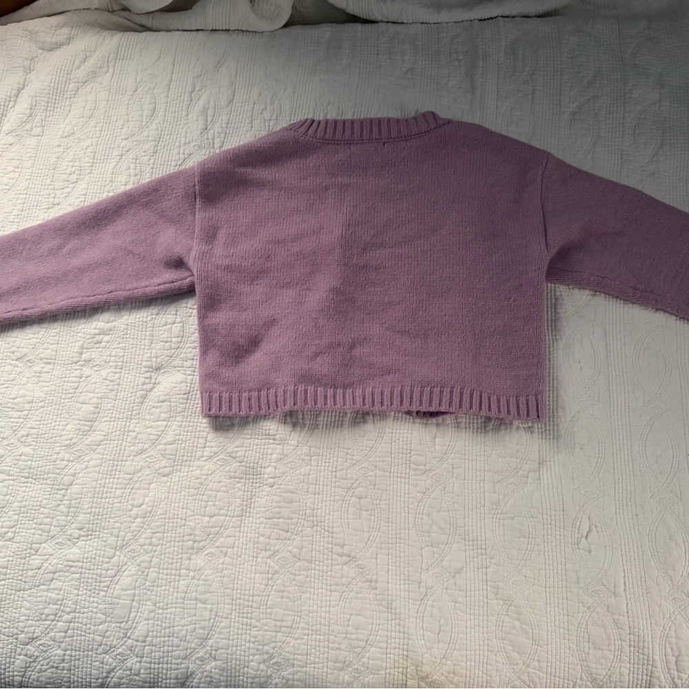 Lilac Cable-Knit Button-Front Women's Sweater Cardigan with Flowers - Picture 3 of 7